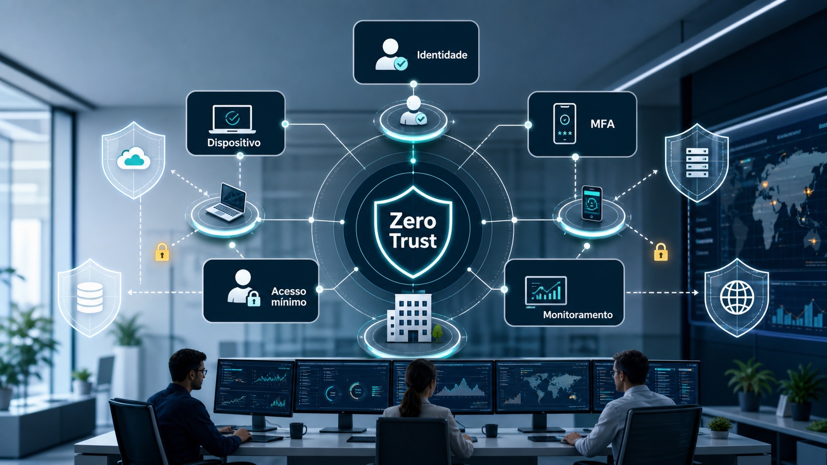 Arquitetura Zero Trust com identidade, dispositivo, MFA, acesso mínimo, monitoramento e proteção de dados