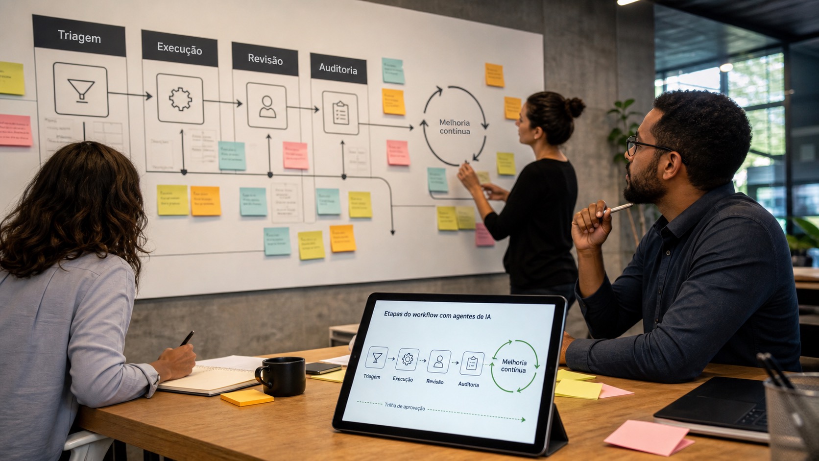 Quadro de processo com etapas de triagem, execução, revisão e auditoria para workflows com agentes de IA