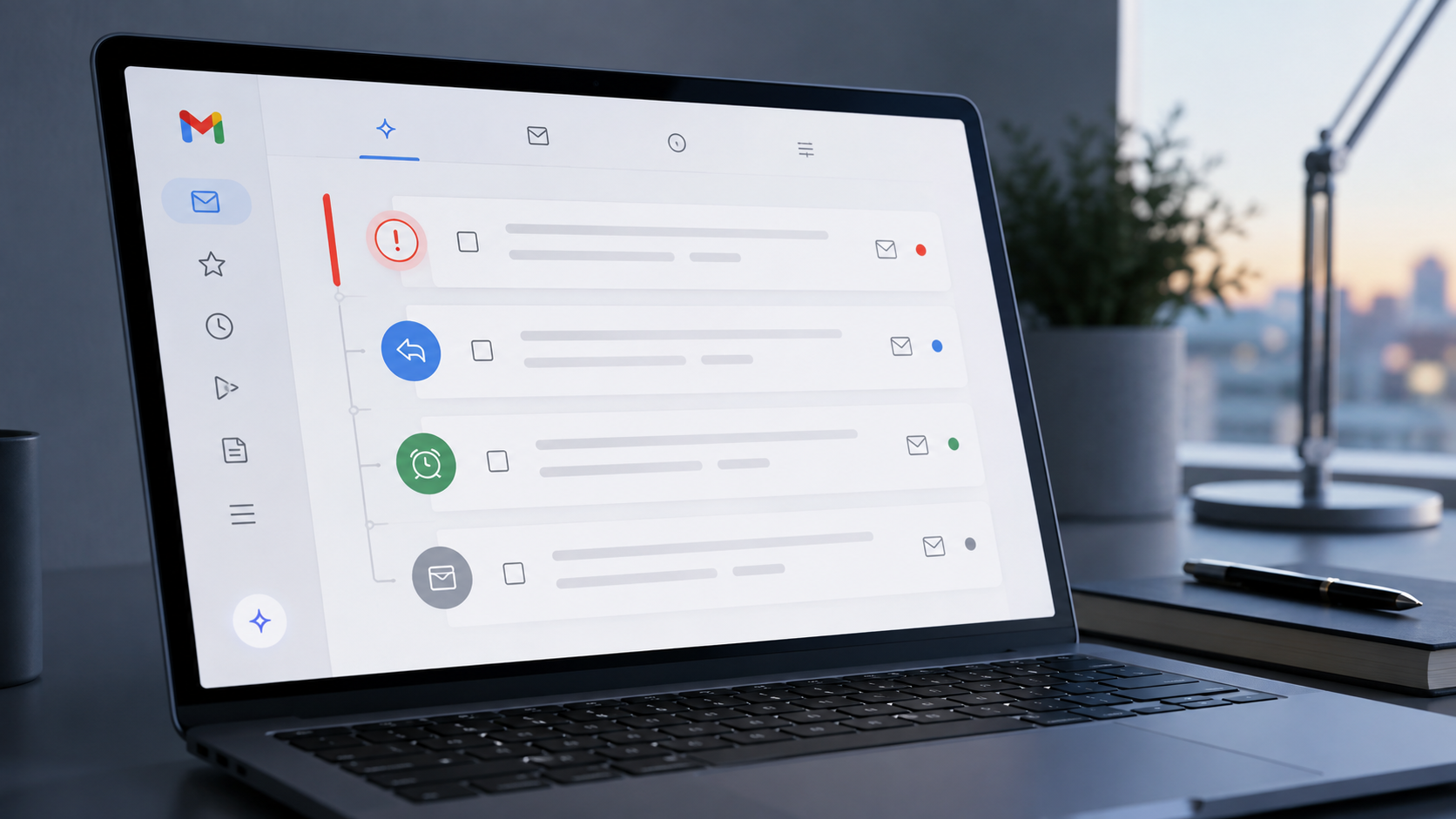 Notebook mostrando e-mails organizados por prioridade, resposta e acompanhamento no AI Inbox do Gmail