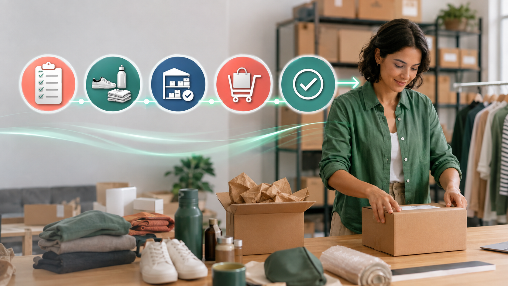 Loja online preparando produto após agente de IA comparar item, estoque, carrinho e aprovação
