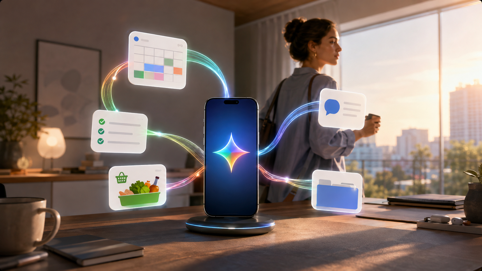 Smartphone conectando agenda, mensagens, arquivos e lista de tarefas com o Gemini Spark