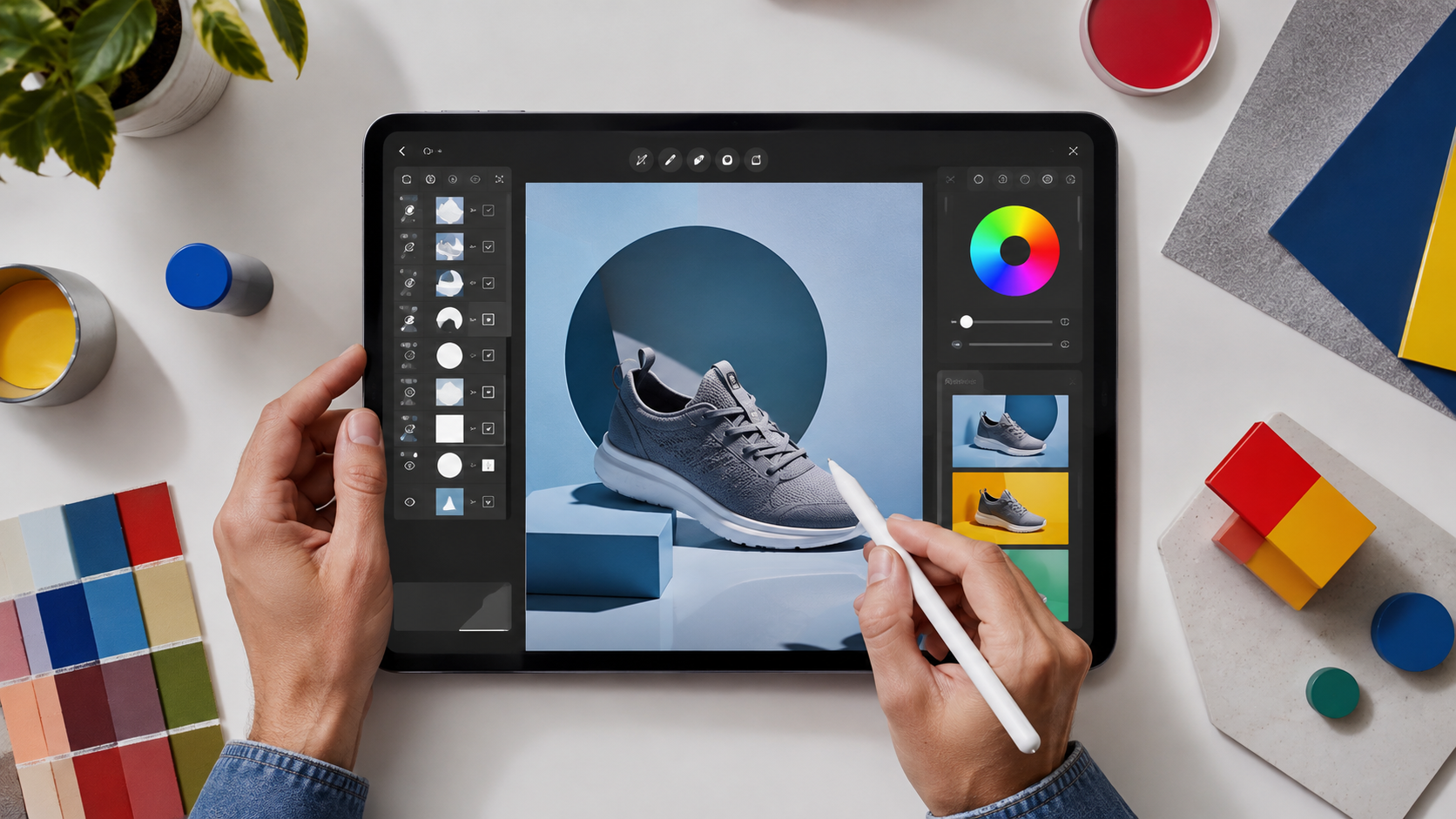 Profissional editando fotografia de produto com camadas e ferramentas de inteligência artificial