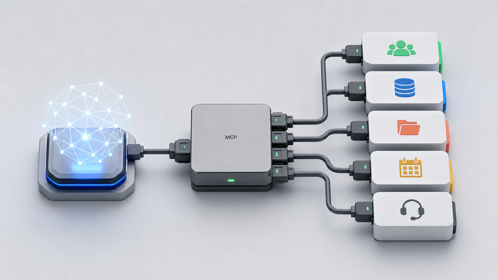 Adaptador MCP conectando inteligência artificial a CRM, banco de dados, arquivos, calendário e suporte