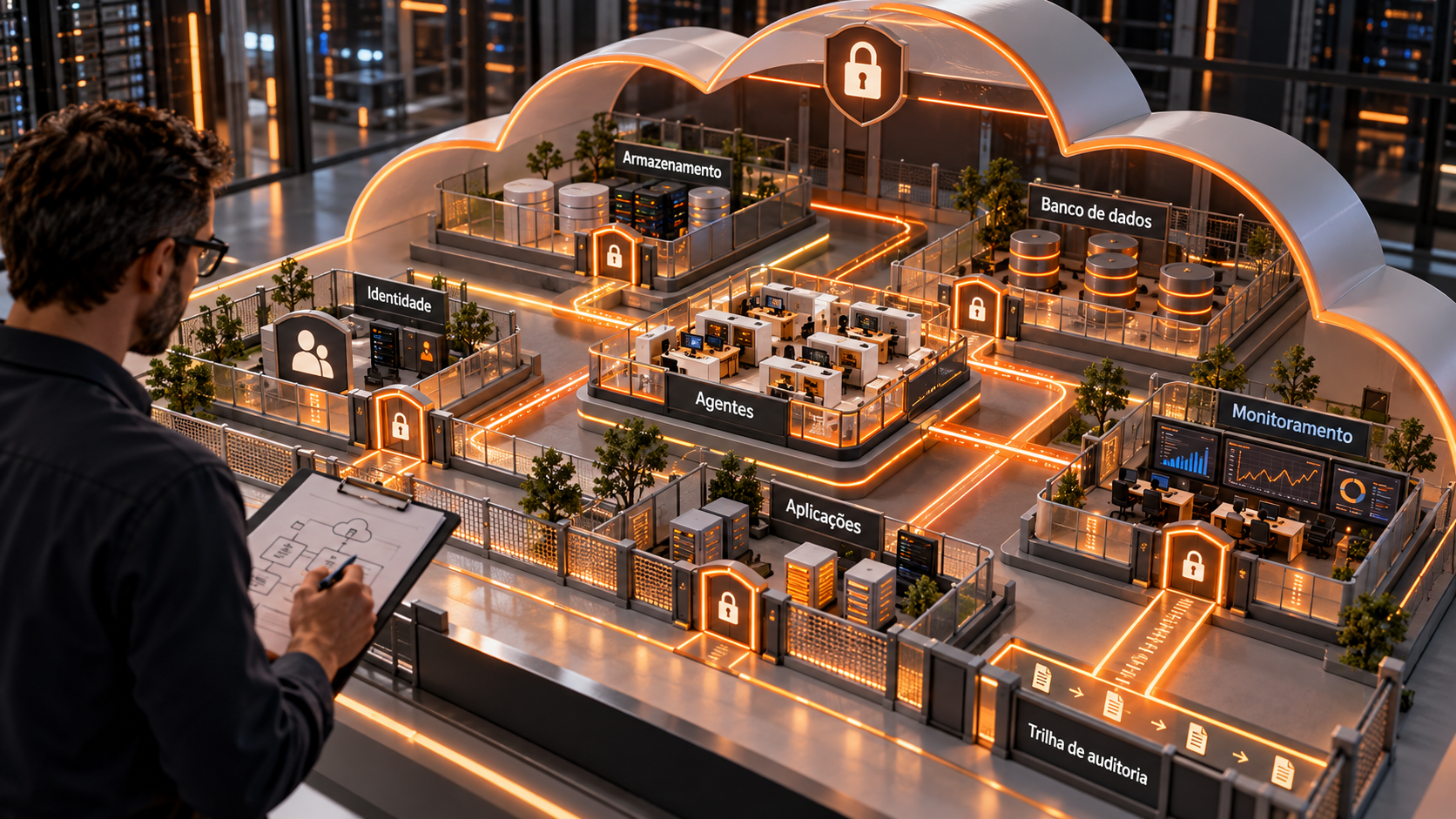 Diorama de nuvem com agentes, identidade, armazenamento, banco, aplicações e monitoramento