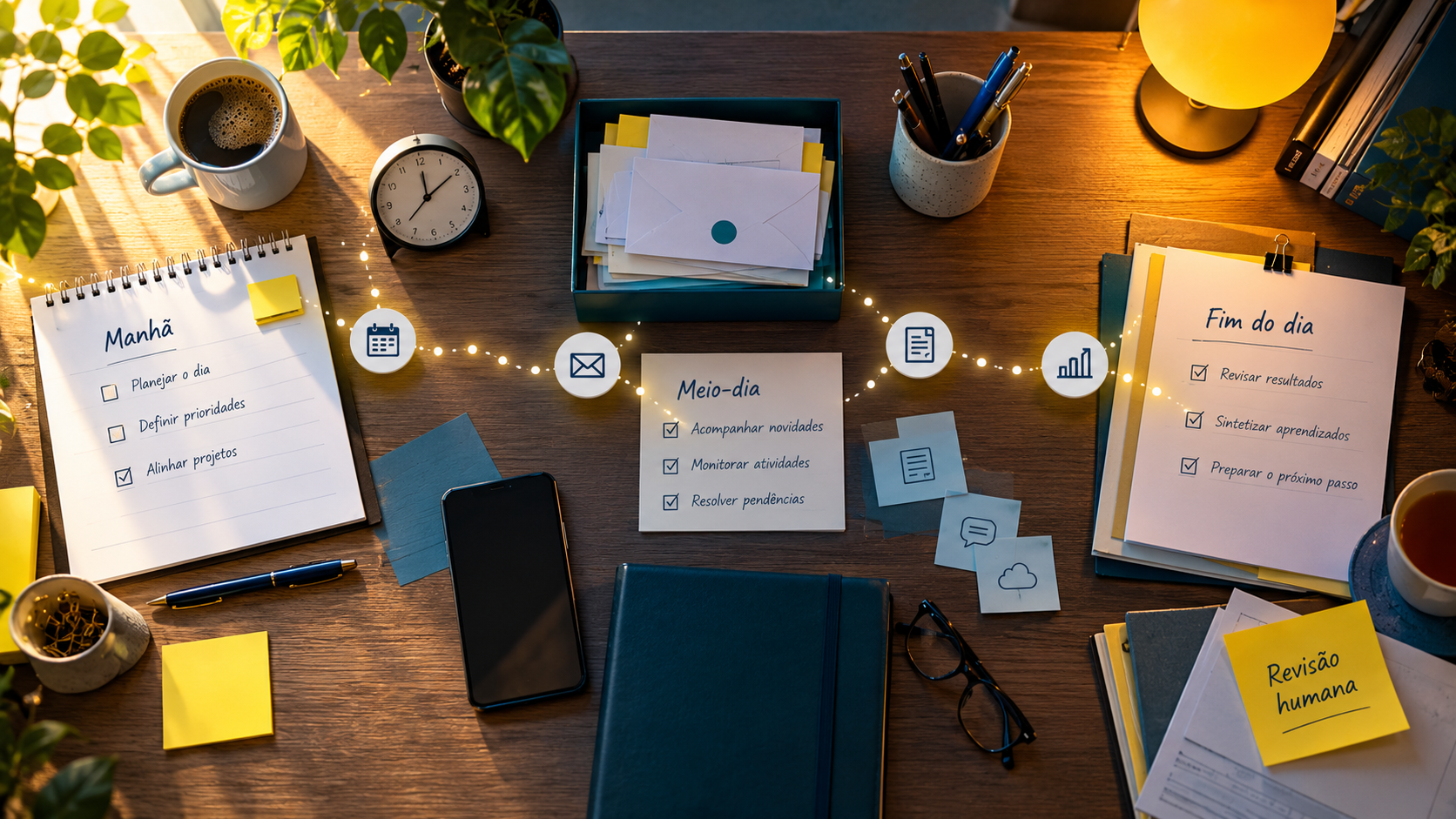 Linha do tempo de rotina com agenda, e-mails, monitoramento e relatório conectados por pontos luminosos