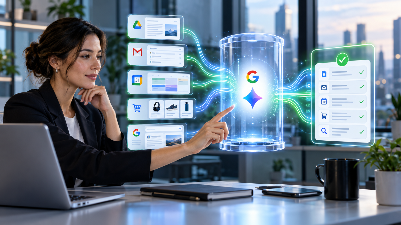 Profissional usando Gemini 4 Argon para coordenar documentos, e-mail, agenda, pesquisa e compras