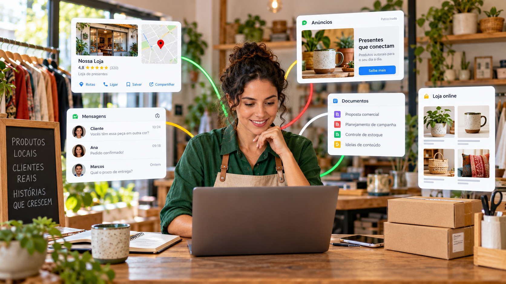 Empreendedora usando Gemini para integrar perfil da loja, anúncios, mensagens, documentos e catálogo online