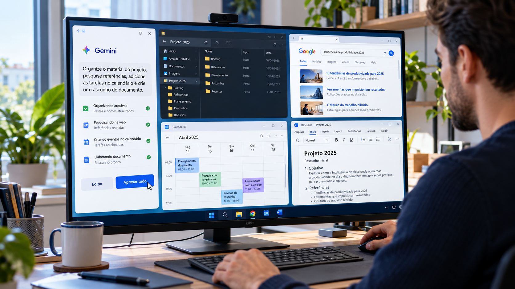 Usuário utilizando Gemini no Windows com arquivos, pesquisa, calendário e documento organizados na tela