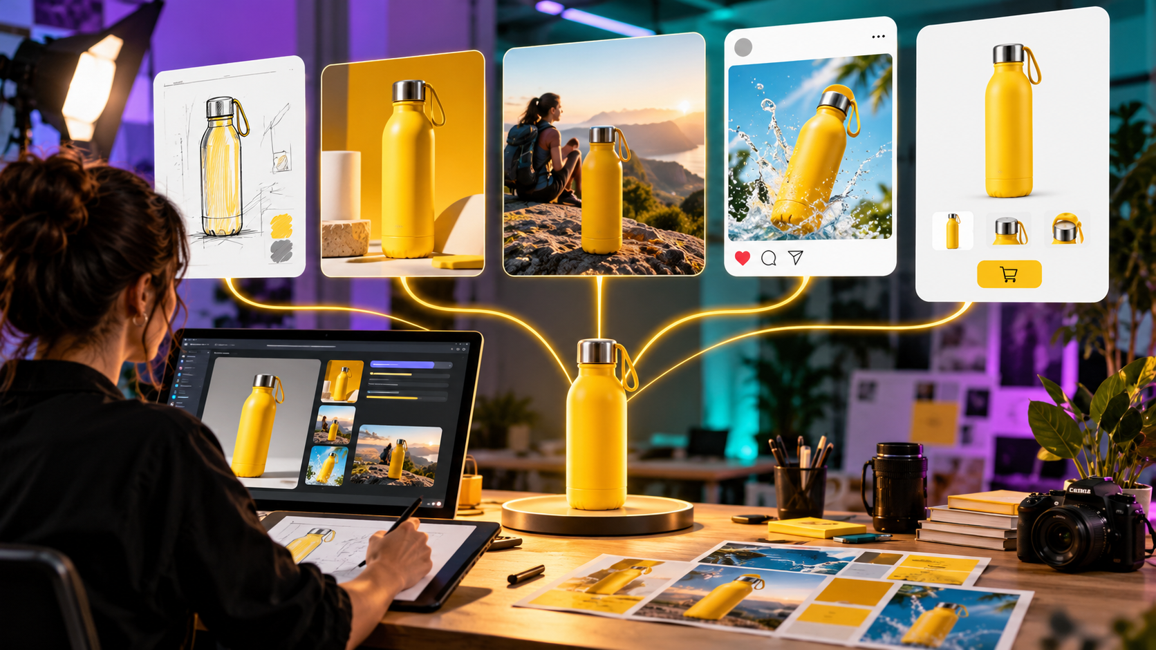 Estúdio criando diferentes imagens de campanha para uma garrafa amarela com Nano Banana 2.1