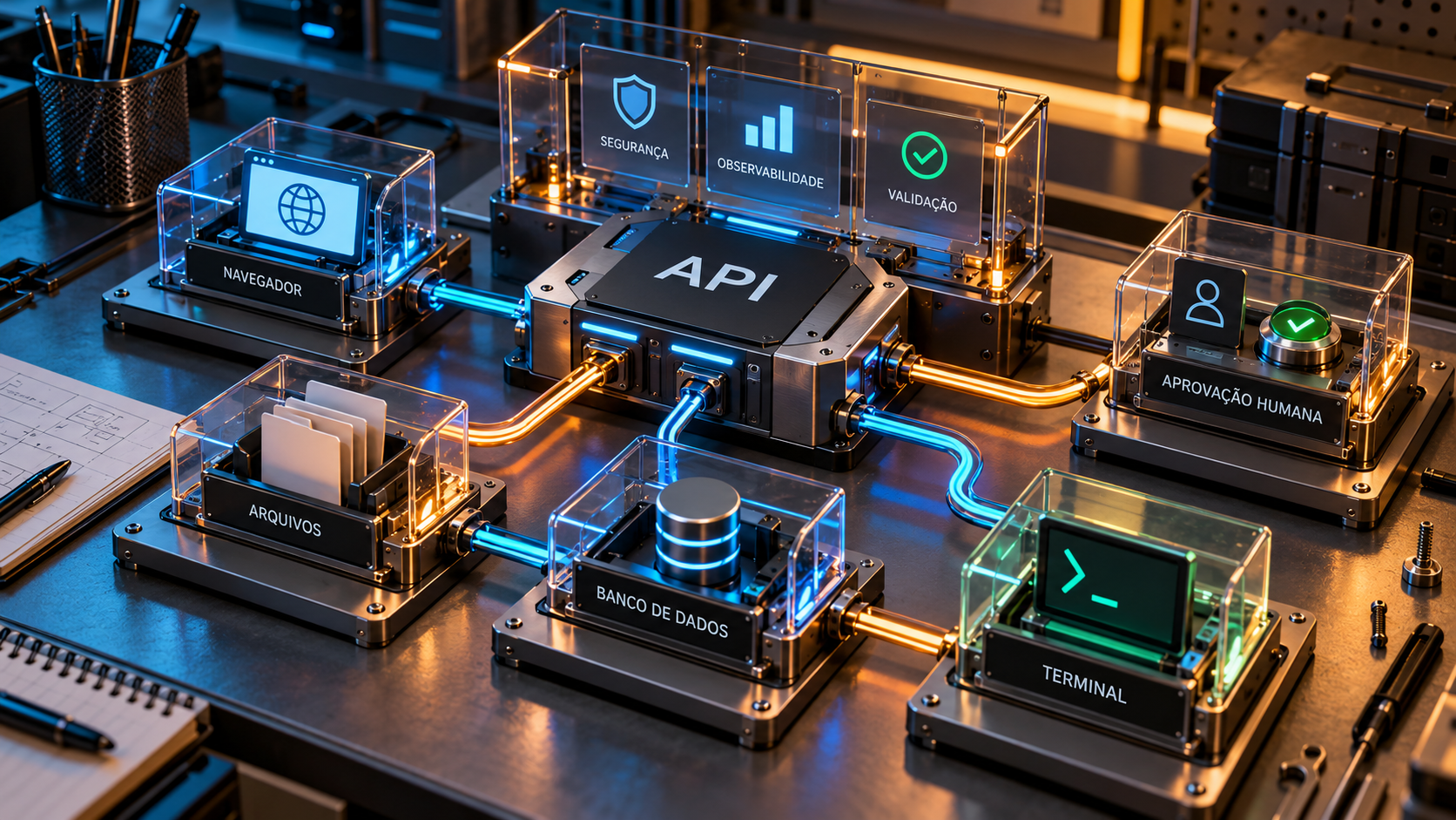 Maquete modular de API conectada a navegador, arquivos, banco, terminal e aprovação humana