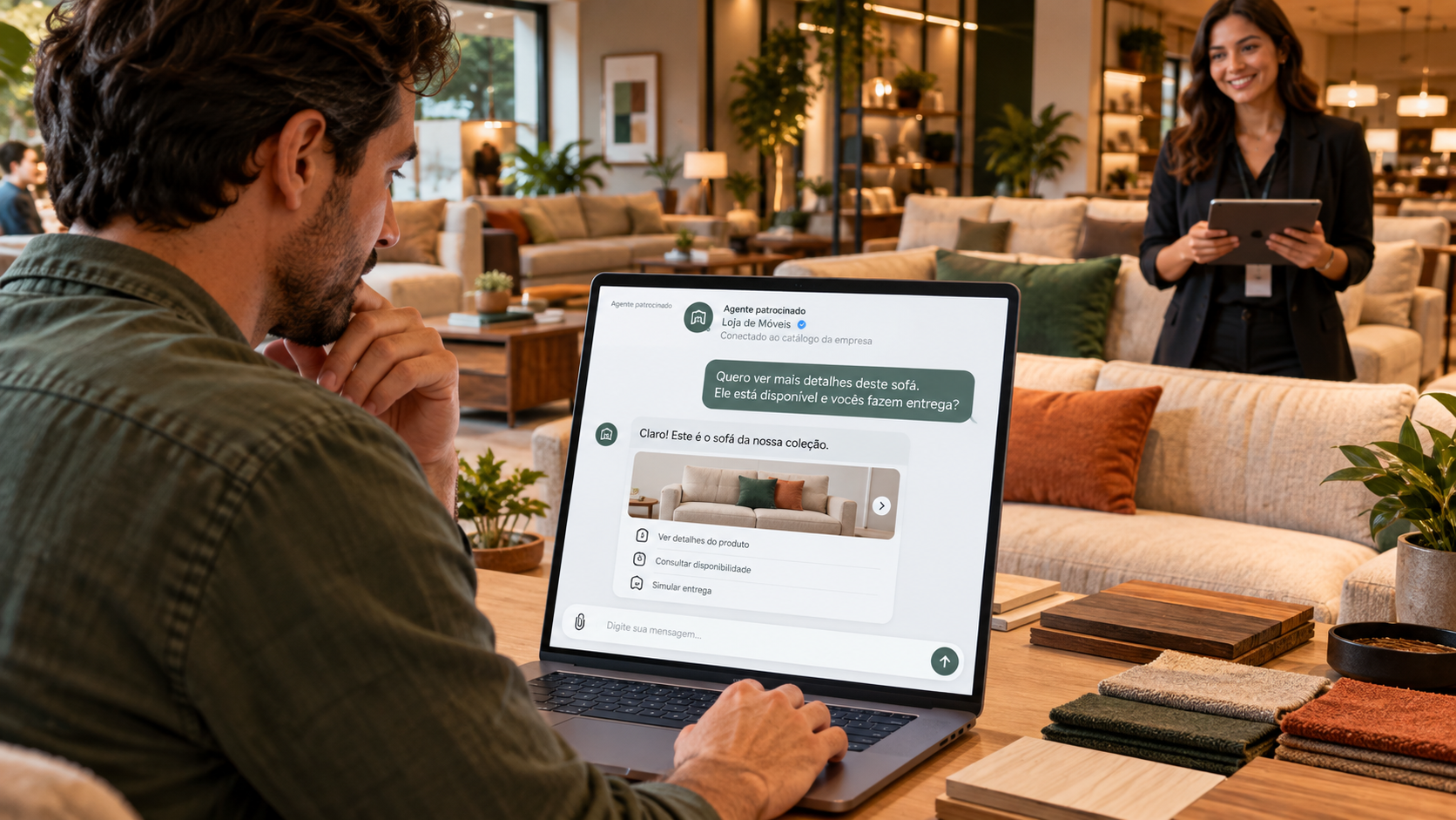 Cliente consultando sofá, disponibilidade e entrega por agente patrocinado com apoio humano